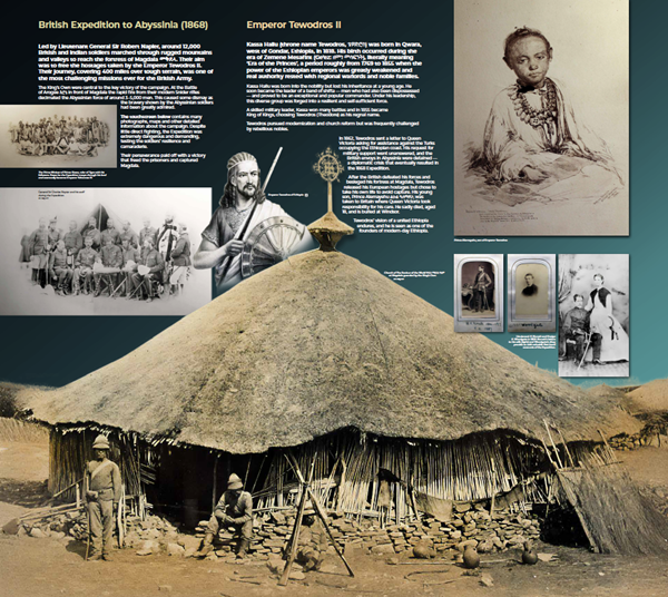 Museum information panel with various photos including groups of british soldiers a round wood and stone church with a cross at the peak of its conical thatched roof. The text accompanying the images is reproduced on this webpage.